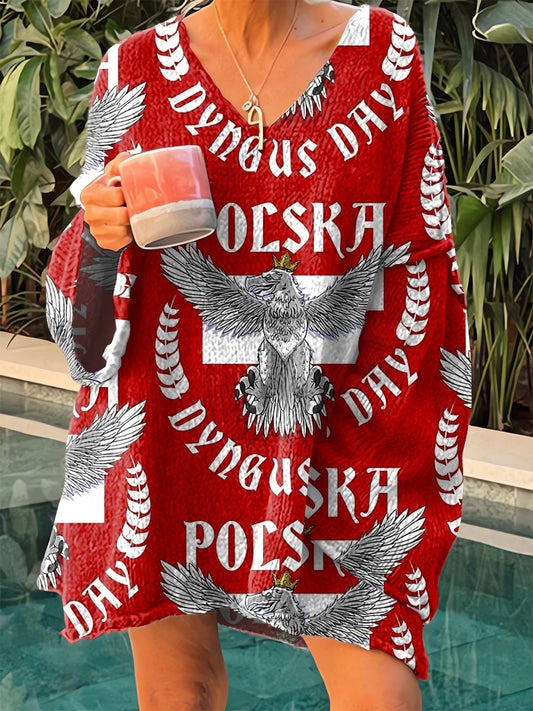 Damski Vintage Polski Biały Orzeł z nadrukiem Casualowy Sweter z dekoltem w szpic
