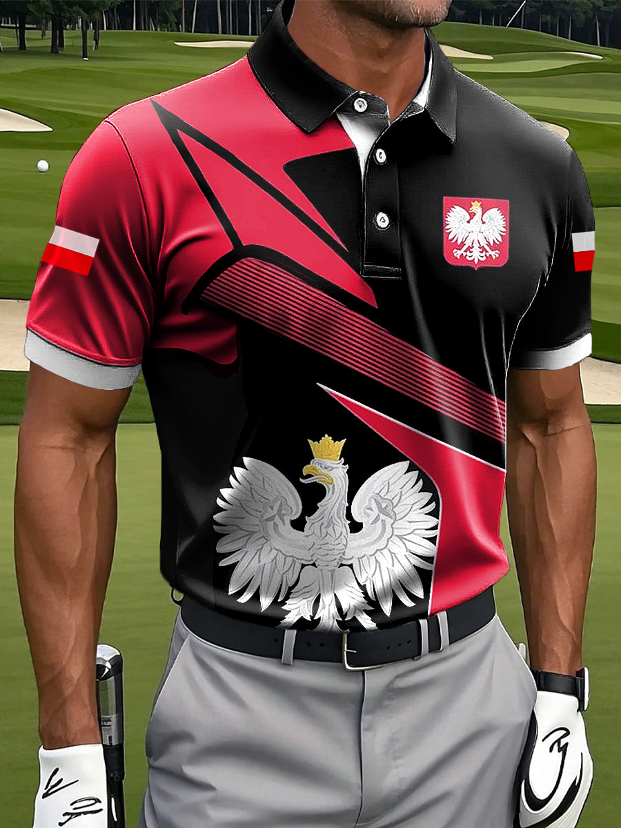 Męska koszulka polo z nadrukiem geometrycznym w stylu retro z polską flagą orła białego