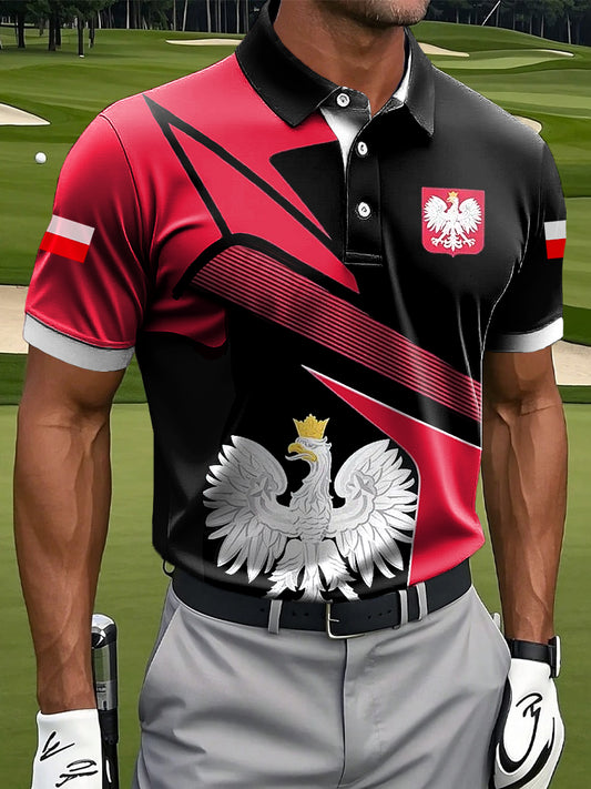 Męska koszulka polo z nadrukiem geometrycznym w stylu retro z polską flagą orła białego