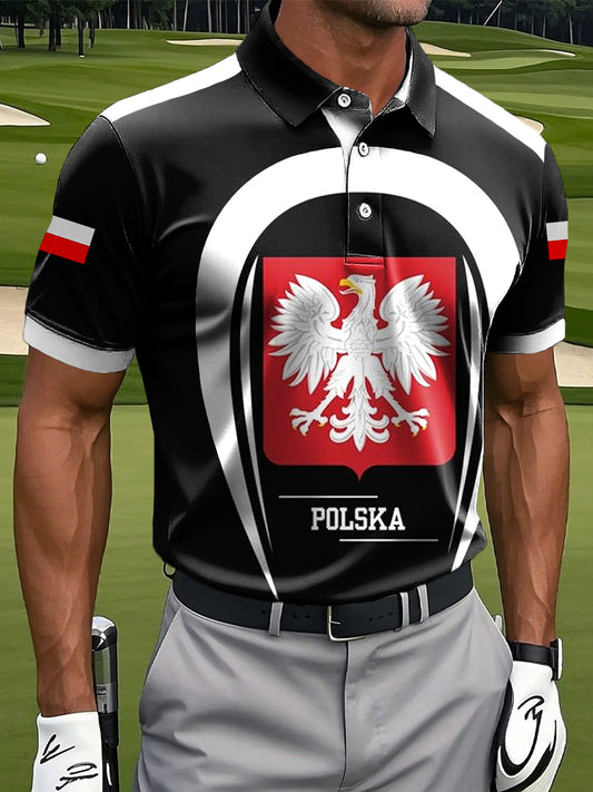 Męska koszulka polo z nadrukiem patchworku w stylu retro z polską flagą z białym orłem