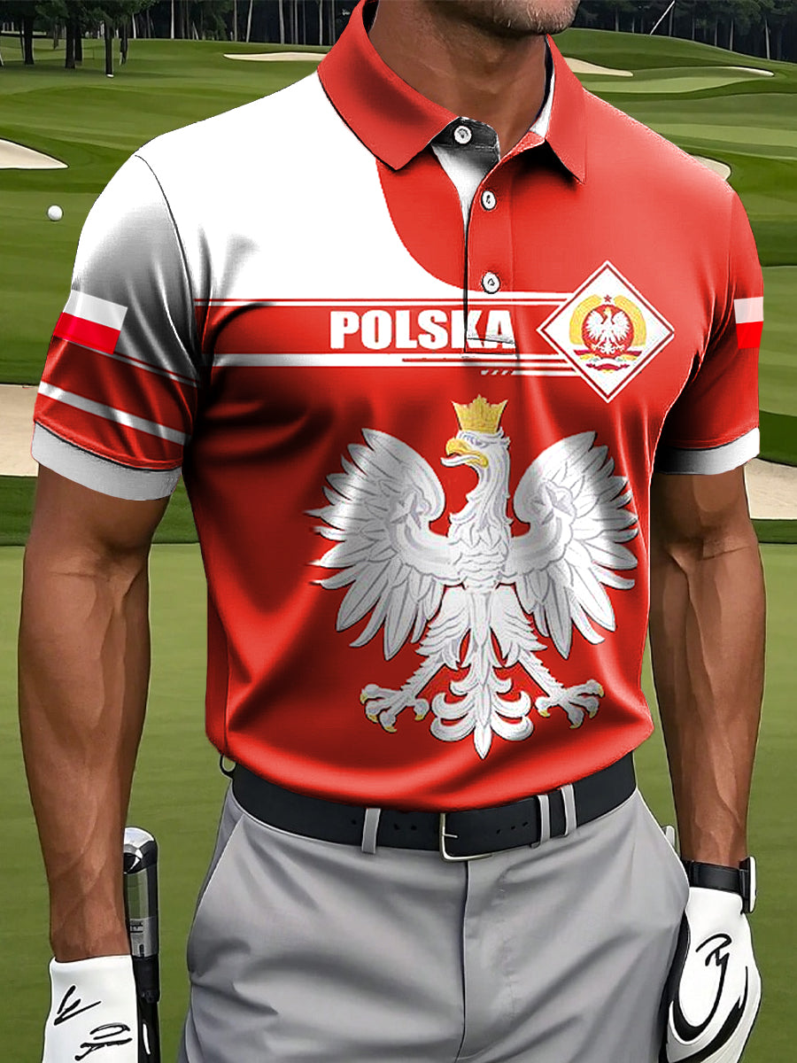 Męska koszulka polo z nadrukiem geometrycznym w stylu retro polski orzeł biały