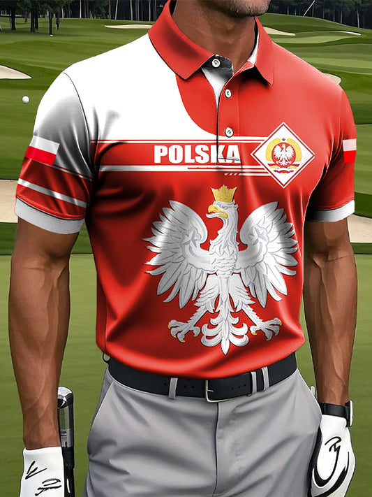 Męska koszulka polo z nadrukiem geometrycznym w stylu retro polski orzeł biały