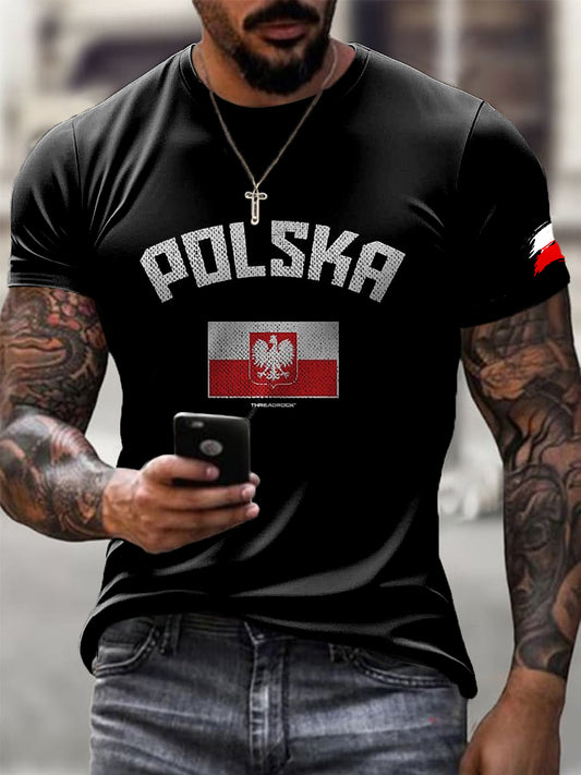 Męska koszulka z nadrukiem artystycznym w stylu retro z polską flagą