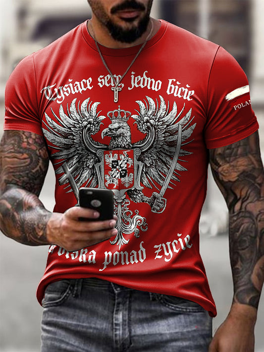Męska Retro Polski Orzeł Biały Odznaka Art Print Casual T-Shirt