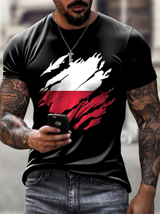 Męska Retro Polska Flaga Abstrakcyjna Sztuka Nadruk Casual T-Shirt