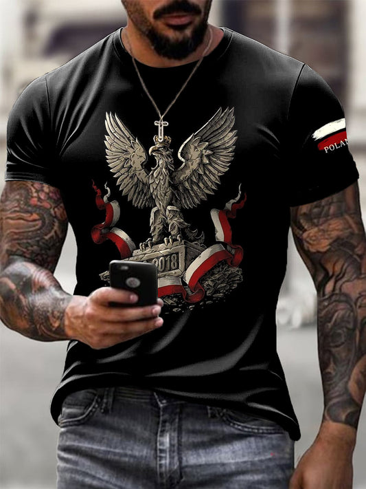 Męskie Retro Polski Orzeł Biały Flaga Art Print Casual T-Shirt