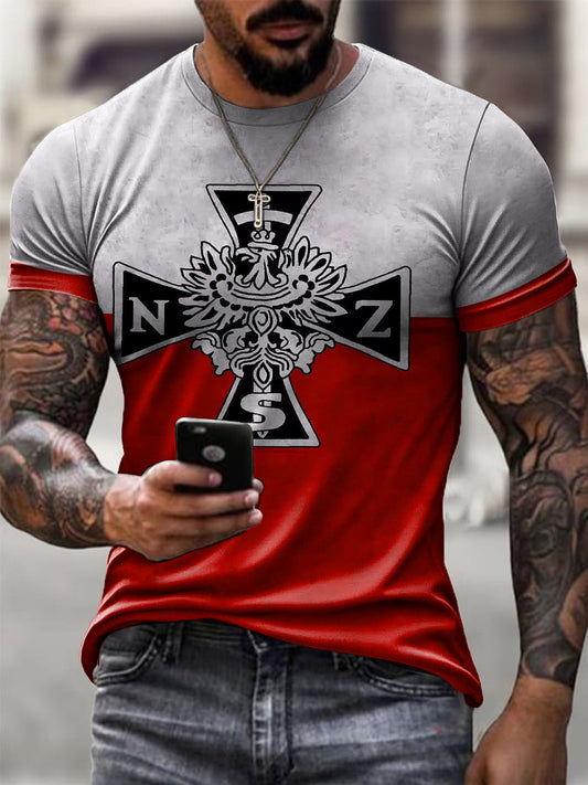 Męskie Retro polskie siły zbrojne Patchwork Print Casual T-Shirt