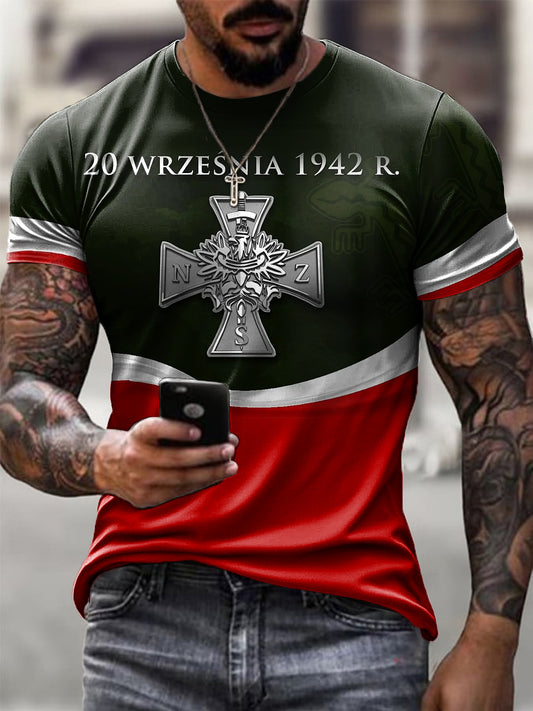 Męska Retro Odznaka Polskich Sił Zbrojnych Nadruk Casual T-Shirt