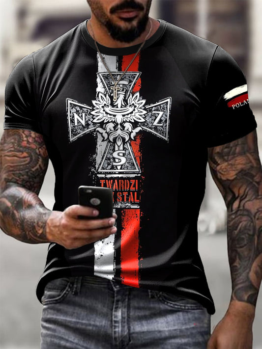 Męskie Retro polskie siły zbrojne w paski z nadrukiem Casual T-Shirt