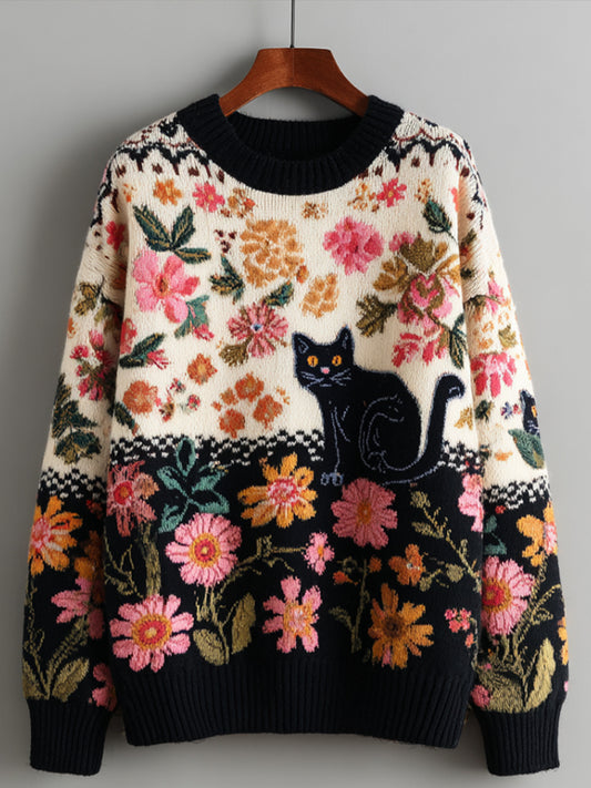 Damski sweter w kwiaty w stylu vintage Kitten Art Print