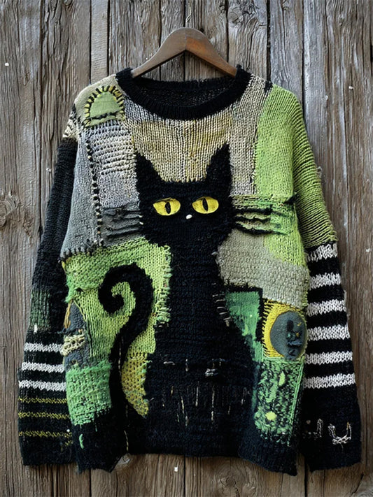 Damski sweter z nadrukiem w stylu vintage Cat