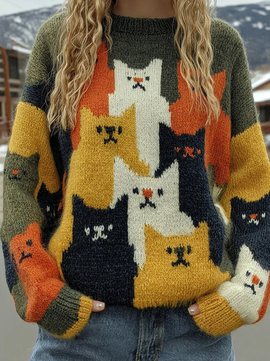 Damski sweter z nadrukiem w stylu vintage Cat