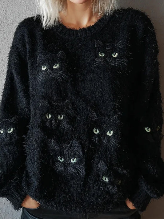 Damski sweter z nadrukiem w stylu vintage Cat