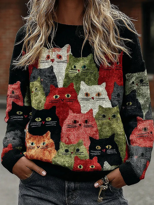 Damski sweter z nadrukiem w stylu vintage Cat