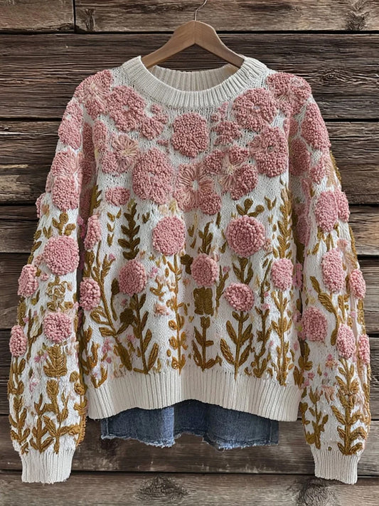 Damski różowy sweter z nadrukiem kwiatowym