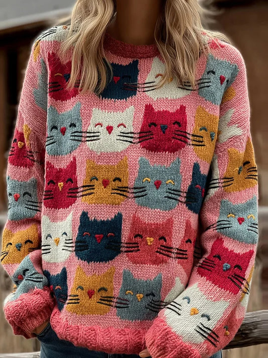 Damski sweter z nadrukiem w stylu vintage Cat