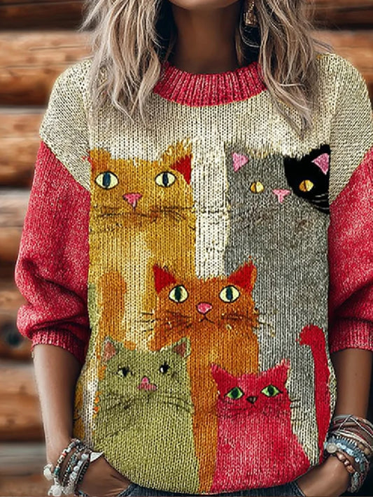 Damski sweter z nadrukiem w stylu vintage Cat