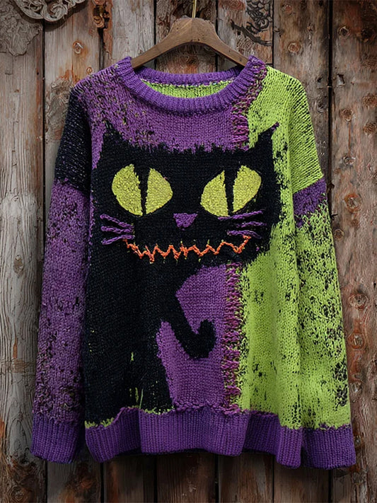 Damski sweter w stylu vintage Cat Art Print Casual