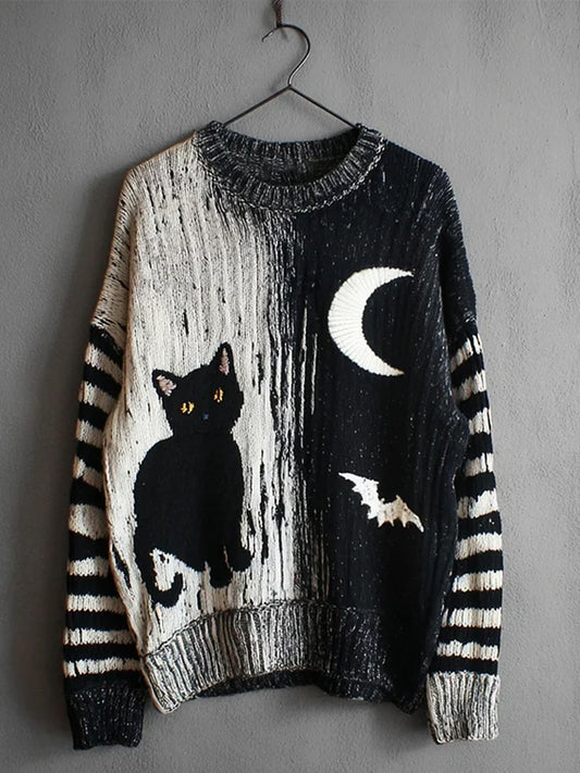 Damski sweter w stylu vintage Cat Art Print Casual