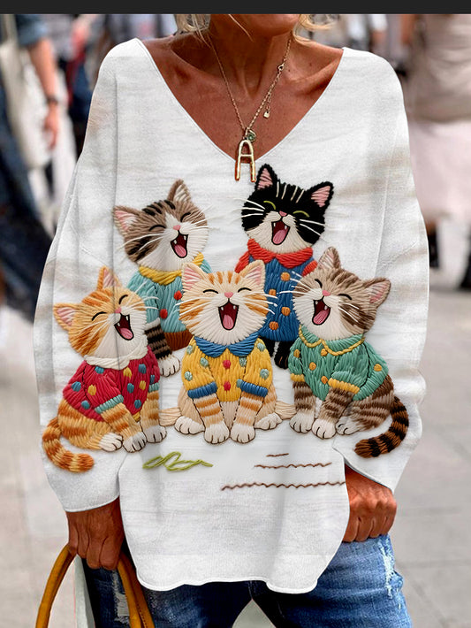 Damska koszulka z długim rękawem Retro Cat Art Print Casual