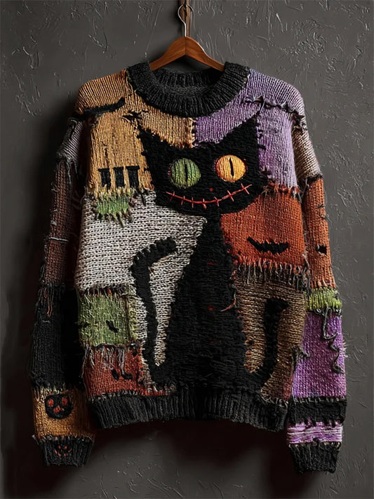 Damski sweter w stylu vintage Cat Art Print Casual