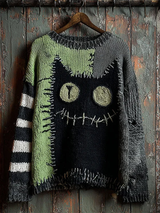 Damski sweter w stylu vintage Cat Art Print Casual