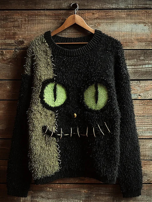Damski sweter w stylu vintage Cat Art Print Casual