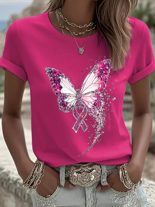 Damska wstążka motyla Rhinestone Print Casual T-Shirt