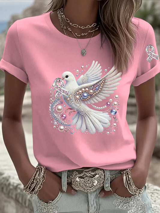Damska wstążka gołębia Rhinestone Print Casual T-Shirt