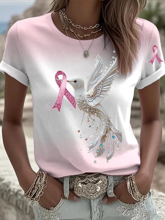 Damska wstążka Hummingbird Rhinestone Print Casual T-Shirt