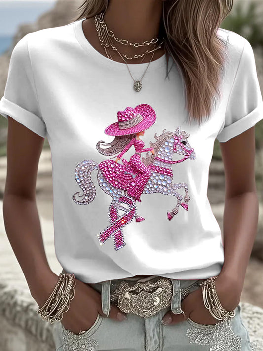 Damska różowa wstążka z rakiem piersi Rhinestone z nadrukiem Casual T-Shirt