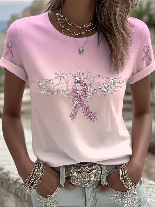 Damska wstążka raka piersi Rhinestone Casual T-Shirt