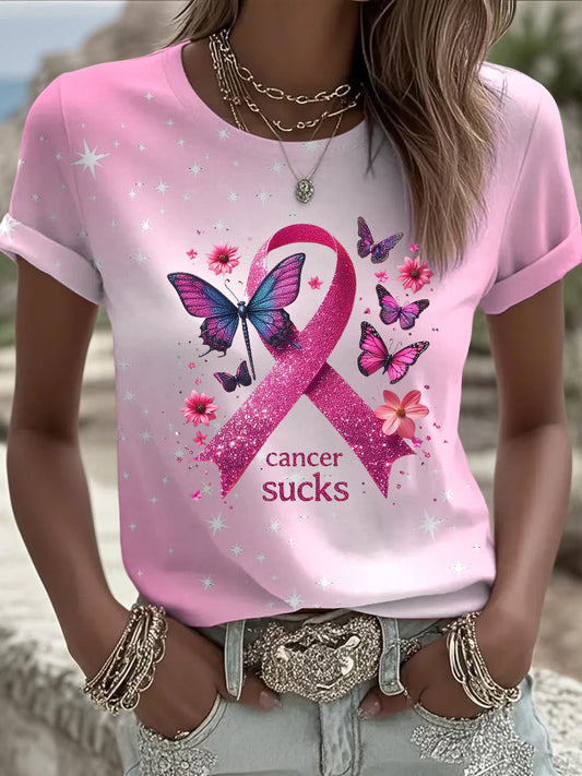 Damska wstążka z rakiem piersi Butterfly Cekin Print Casual T-Shirt
