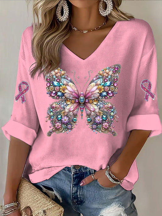 Damska wstążka motylkowa Rhinestone Print Casual Koszulka z długim rękawem