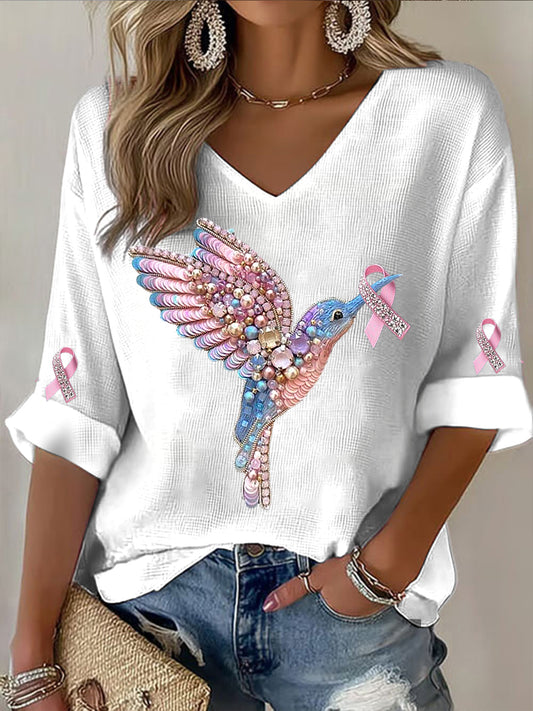Damski Hummingbird Rhinestone Nadruk Casualowy Top z długim rękawem