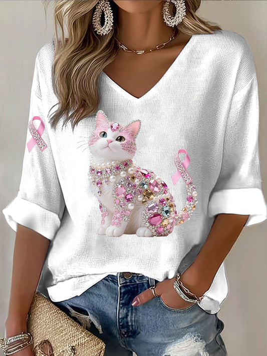 Damska wstążka Rhinestone Cat Print Casual Top z długim rękawem