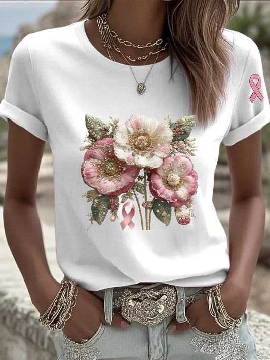 Damska różowa kwiecista wstążka Casual T-Shirt