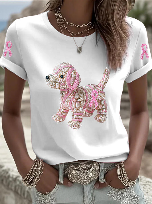 Damski pies Rhinestone Print Casual T-Shirt