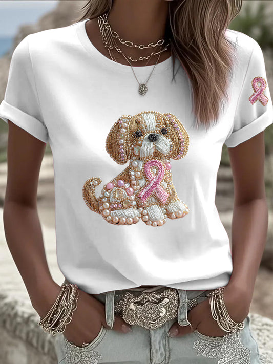 Damska szczeniaczka Rhinestone Print Casual T-Shirt