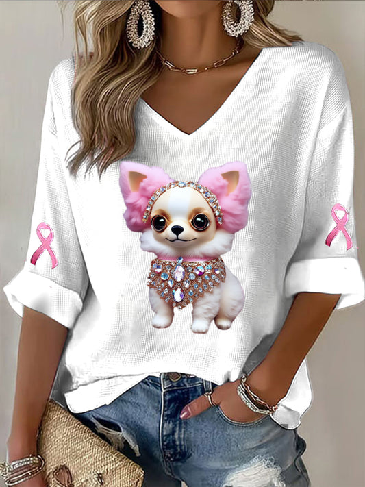 Damski Fun Dog Print Casual Koszulka z długim rękawem
