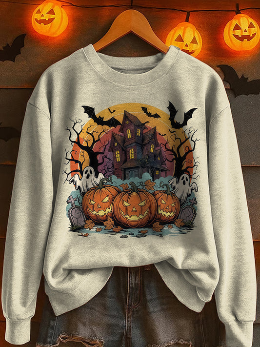 Halloweenowa bluza z długim rękawem z nadrukowanym okrągłym dekoltem