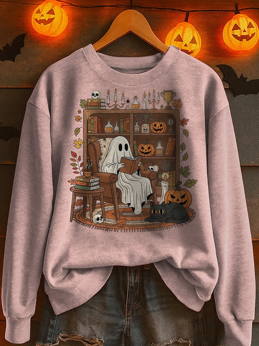 Halloweenowa popołudniowa herbata z nadrukowanym okrągłym dekoltem luźna bluza z długim rękawem