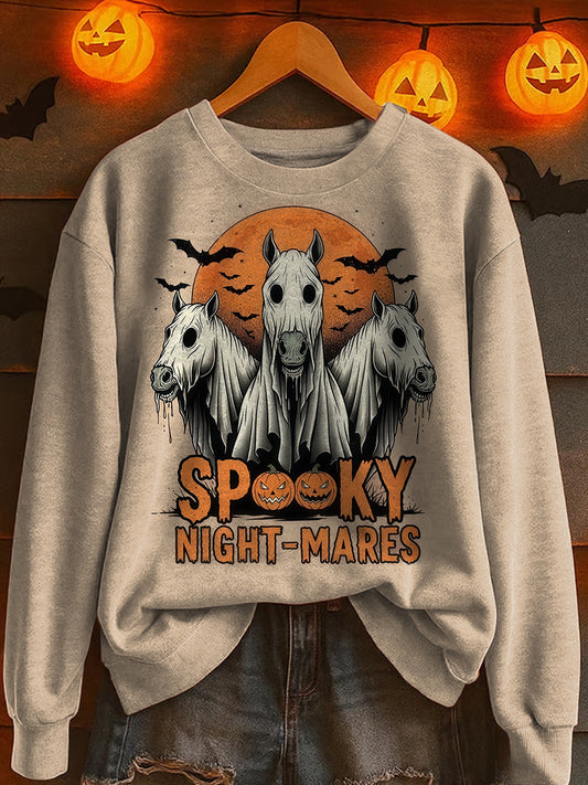 Halloweenowa Horror Dream Nadruk Okrągła Szyja Luźna Bluza Z Długim Rękawem