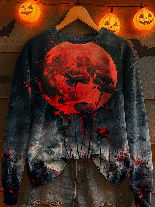Halloweenowa kwiecista bluza z okrągłym dekoltem retro z długim rękawem