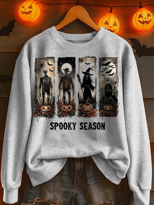 Halloweenowa horror z nadrukowanym okrągłym dekoltem luźna bluza z długim rękawem