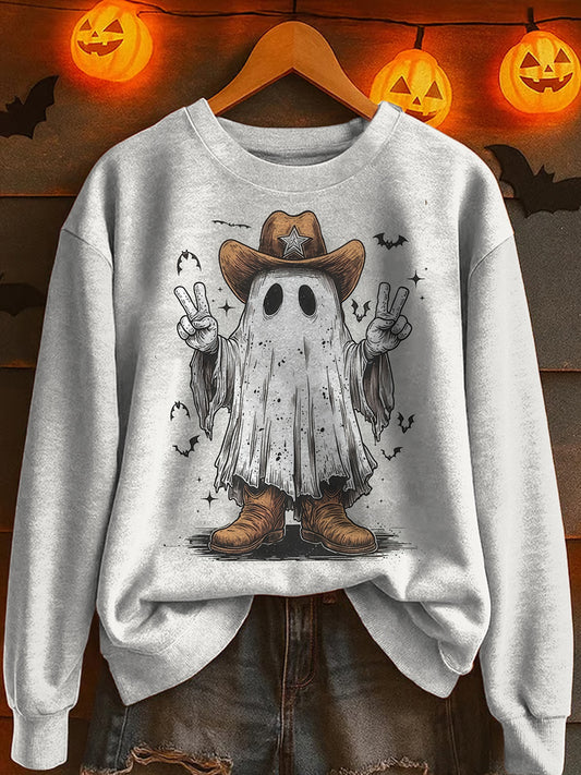 Halloweenowa czapka duch nadruk okrągły dekolt luźna bluza z długim rękawem