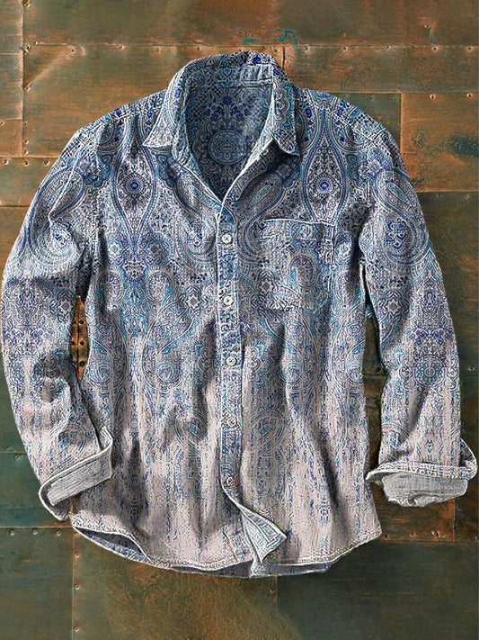 Unisex Vintage Gradient Kolor Etniczny Kwiatowy Nadruk Klapa Kieszonkowa Koszula Z Długim Rękawem