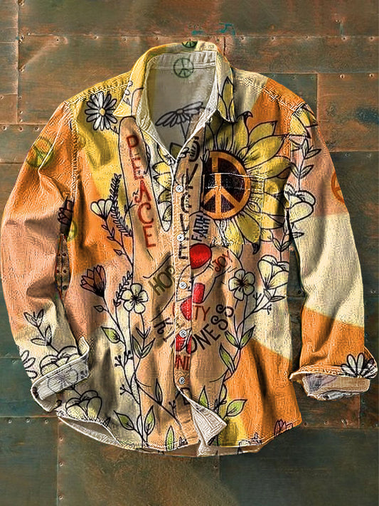 Unisex Vintage Peace and Love Daisy Art Print Bawełniana klapa z długim rękawem Kieszonkowa koszula