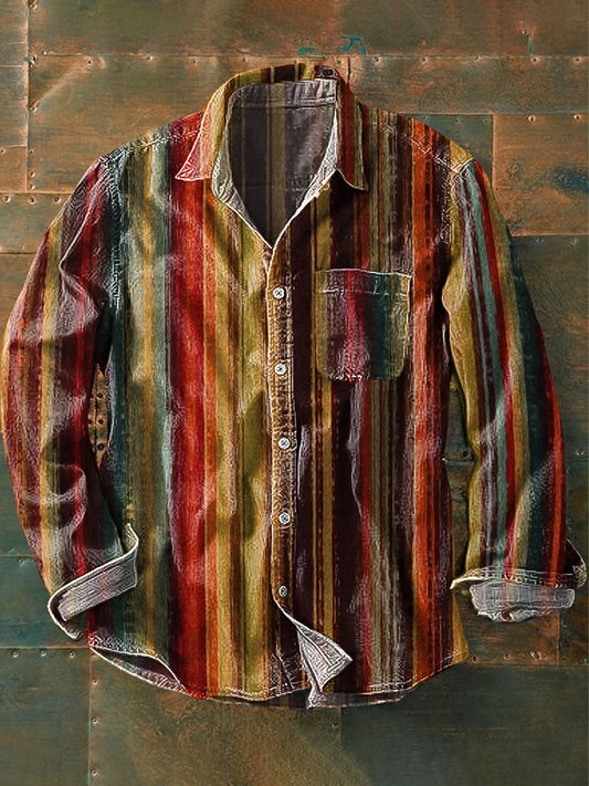 Męska koszula kieszonkowa z długim rękawem w paski w stylu vintage