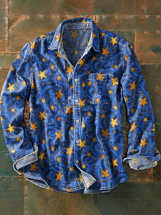Unisex Vintage Sky Gold Stars Art Print Bawełniana koszula z długim rękawem